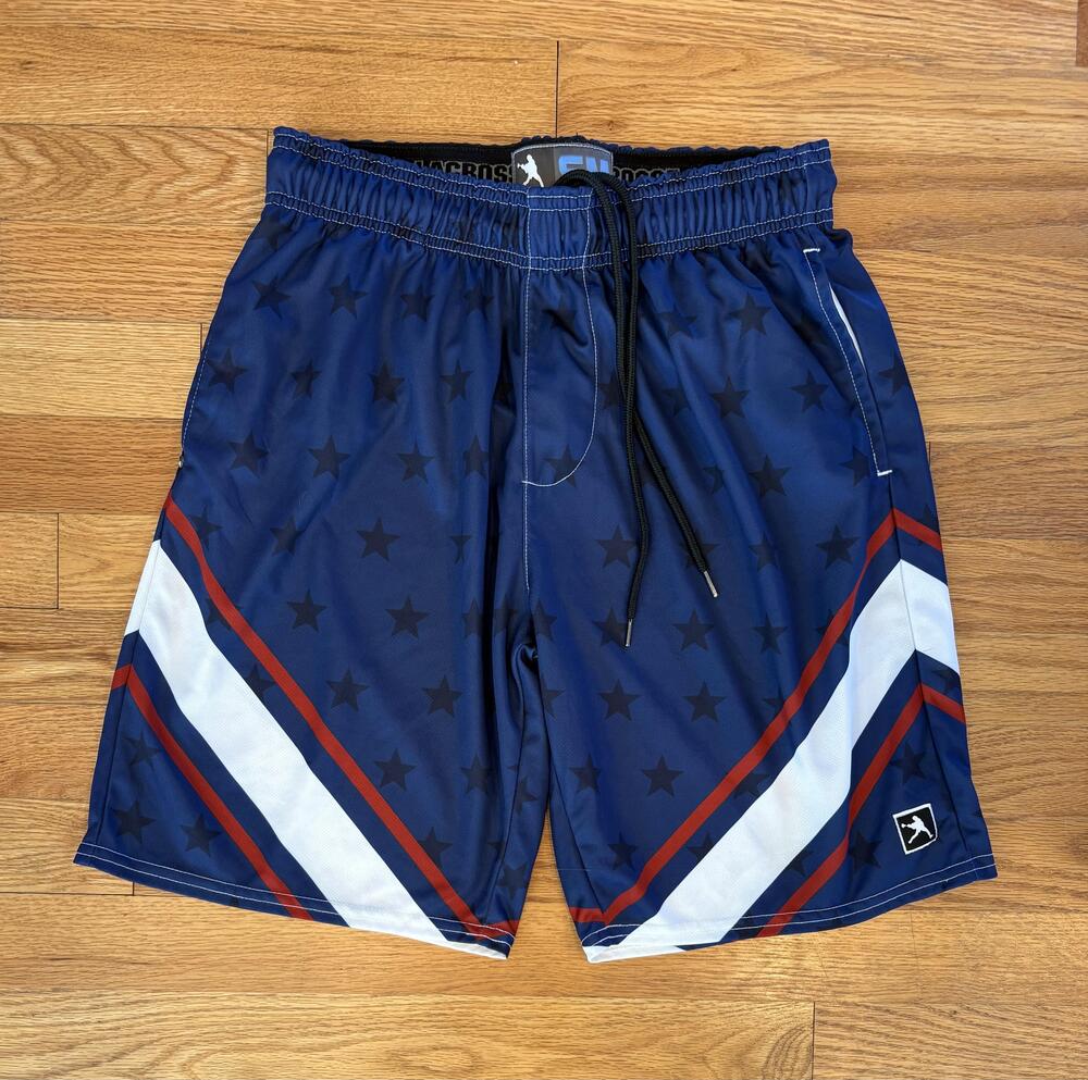 Lacrosse Unlimited Shorts Mens Small Blue Striped Athletic Mesh Drawstring